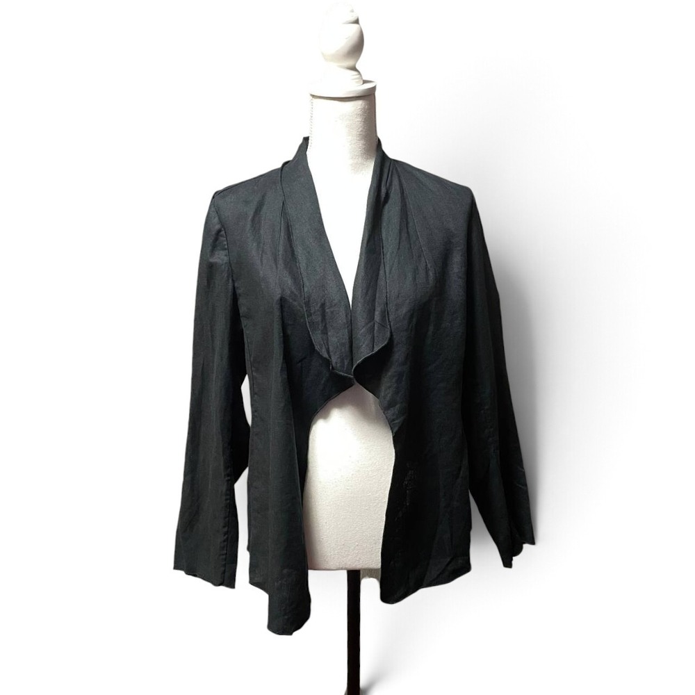 100% Linen Black Open Front Draped Cardigan Jacket Medium Lagenlook